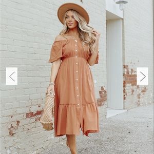 Off the Shoulder Button Detail Clay Midi Dress